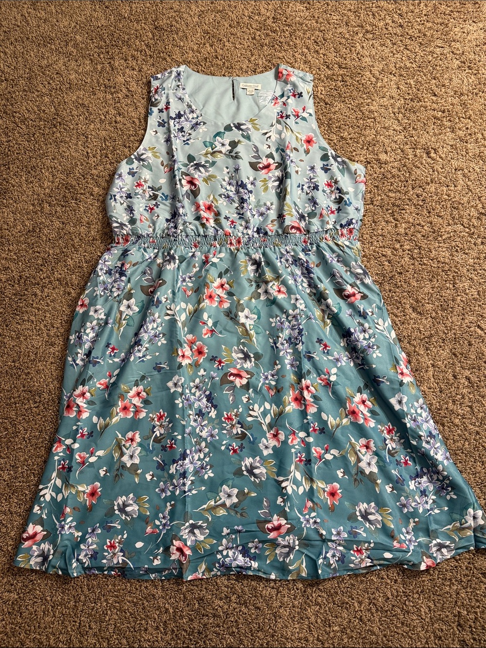 Coldwater Creek Teal Floral Sleeveless Midi Dress with Pink and Purple Accents